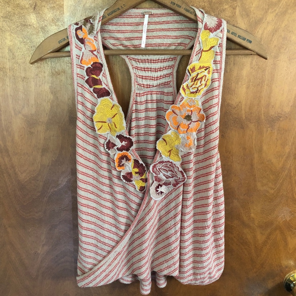 Free People Floral Embroidered Striped Wrap Top Gauzy Knit Boho Soft Boxy Baggy